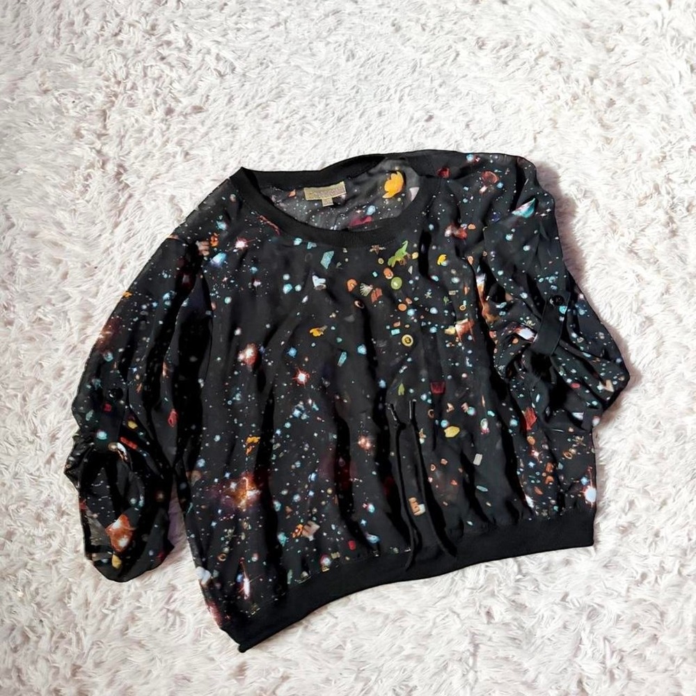 Oversized‎ Sheer Flowy Galaxy Eclectic Dino Whimsical Crop Top Womens XS Quirky